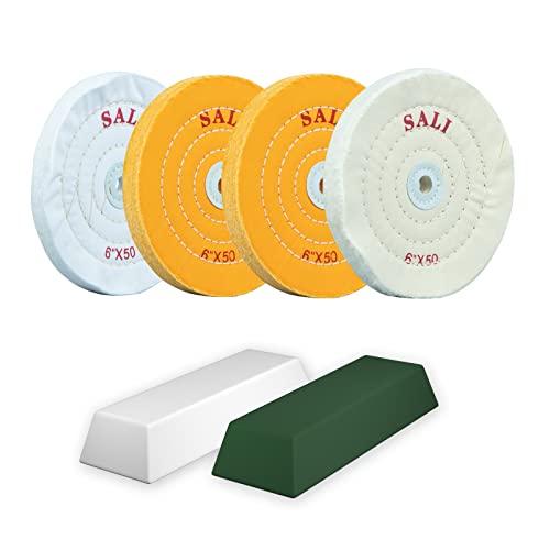 SALI 4 Pack Polishing Wheel for Bench Grinder Buffing Wheel 6 inch 2 *Yellow Cotton，1*White Cotton，1* White Cotton (50 Ply) for Buffer Polisher Pad 1/2'' Arbor Hole with Polishing Compound Kit