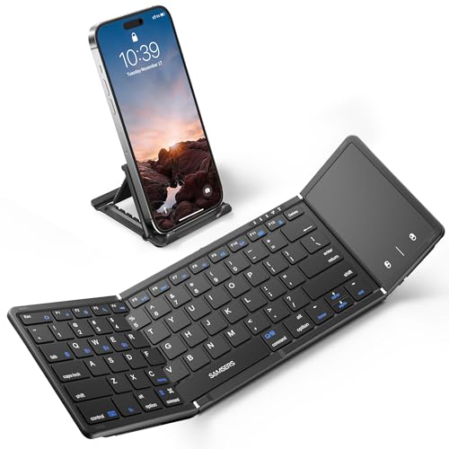 Samsers Foldable Bluetooth Keyboard with Touchpad, Full-Size Wireless Folding Keyboard with PU Leather, Portable Travel Keyboard for iOS Android Windows Mac OS, Support 3 Devices (BT5.1 x 3), Black