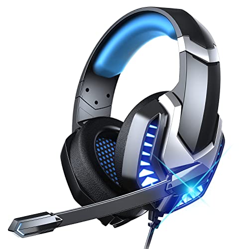 Wasart Gaming Headset, Over-Ear Gaming Headphones with Noise Canceling Mic, Stereo Bass Surround Sound, Soft Memory Earmuffs LED Light PS4 Gaming Headset Compatible with PC, Laptop, PS4, PS5, Red