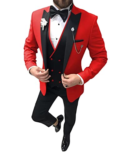 SHUZHXLZANGY Double Breasted Suit Men Wedding Tuxedo for Men Red and Black Tuxedo Suits for Men Fashion Prom Suits Size 40 M