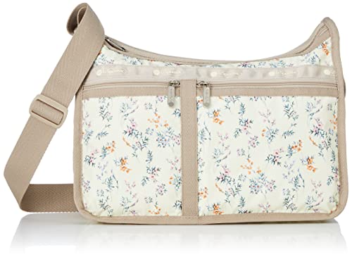LeSportsac Cheerful Blooms Deluxe Everyday Crossbody Bag + Cosmetic Bag, Style 7507/Color E547, Romantic & Colorful Delicate Sprays of Wispy Flowers & Floral Blooms, Neutral Buttercup Yellow Bag