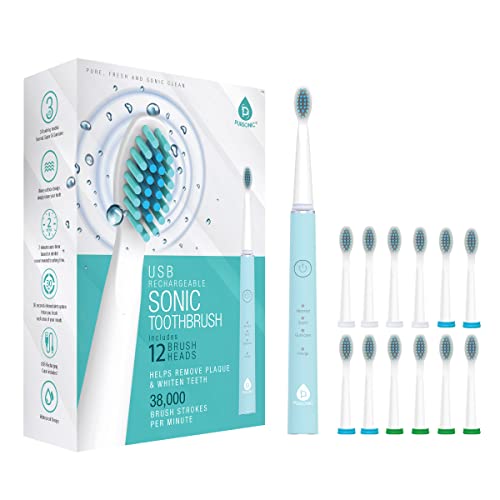 Pursonic Whitening USB Rechargeable Sonic Toothbrush-12 Brush Heads!- 38,000 Brush Strokes Per Minute-3 Brushing Modes with 2 Minute Auto Timer (Green)