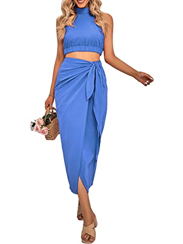 CFLONGE Women's 2 Piece Outfits Casual Sleeveless Halter Crop Top and Draped Ruched Maxi Skirt Set Solid Suiting for Cocktail Party(Blue,Large)