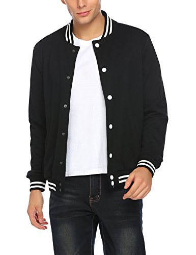 Coofandy Men Fashion Long Sleeve Button Front Cotton Bomber Baseball Jacket, Pitch-Black, Large