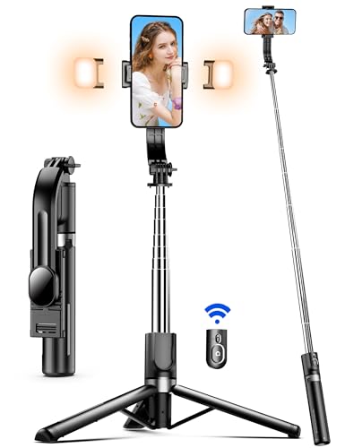 45' Selfie Stick Tripod with 2 Lights, Extendable 5 in 1 Selfie Stick Phone Tripod, Portable Selfie Sticks with Wireless Remote Compatible with iPhone 15/14/13 Pro Max, Samsung, Android, Gopro