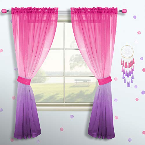 Pink and Purple Curtains for Girls Bedroom Decor Set 1 Single Panel Pocket Window Voile Pastel Sheer Ombre Rainbow Curtain for Kid Room Decoration Teen Princess 63 Inch Length Gradient Lilac Lavender