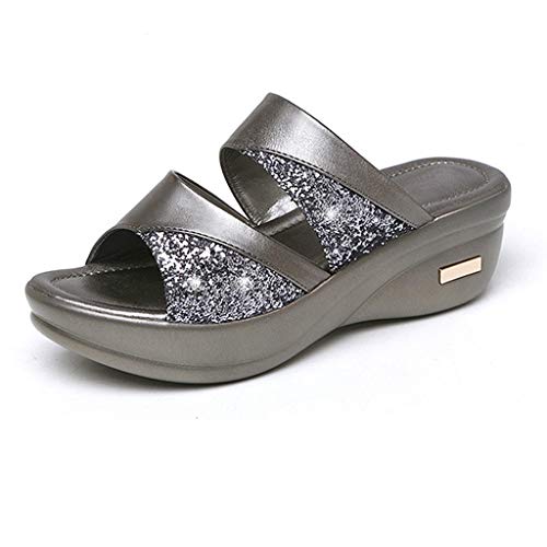 Shengsospp Women Open Toe Espadrilles Wedges Open Toe Slip On Strappy Platform Sandals with Elastic Ankle Strap Walking Sandal Silver, 5.5