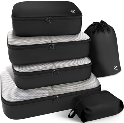 HOTOR Packing Cubes for Suitcases - 6 Pieces, Light Packing Cubes for Travel, Premium Suitcase Organizer Bags Set, Space-Saving Luggage Organizers, Travel Accessories and Essentials, Black
