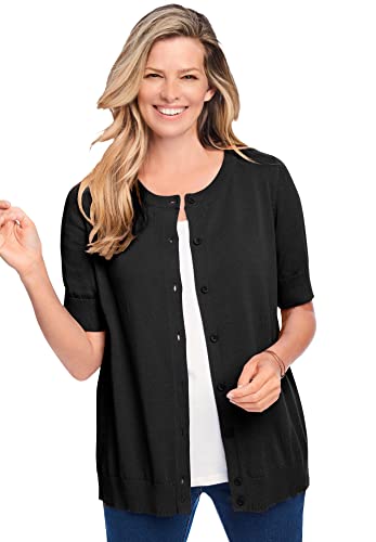 Woman Within Women's Plus Size Perfect Elbow-Length Sleeve Cardigan Sweater - L, Black