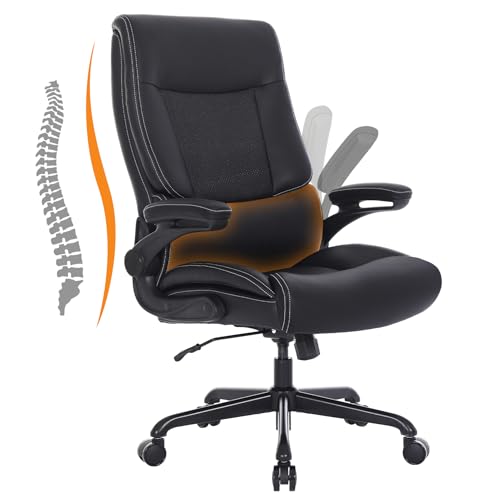 Youhauchair Big and Tall Office Chair, 500LBS Executive Desk Chair with Lumbar Support, PU Leather Ergonomic Computer Chair with Flip-up Armrests, High Back Work Chair, Black