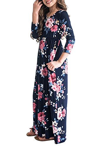 MITILLY Girls Flower 3/4 Sleeve Pleated Casual Swing Long Maxi Dress with Pockets 10 Years Dark Blue