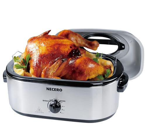 Roaster Oven,26Qt Electric Roaster Oven with Self-Basting Lid, Removable Pan, Cool-Touch Handles, 1450W Stainless Steel Turkey Roaster, Silver
