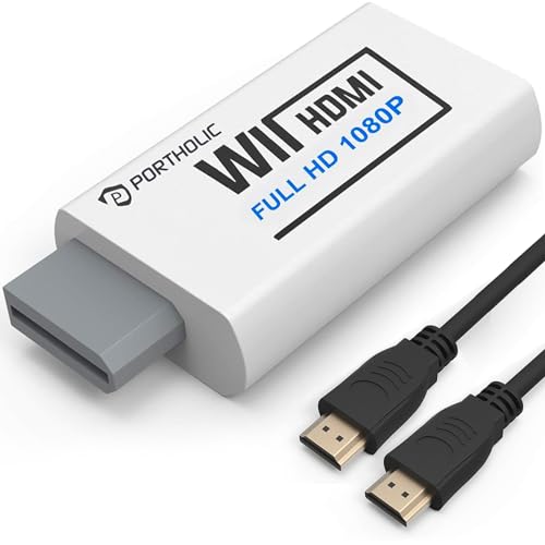 PORTHOLIC Wii to HDMI Converter 1080P for Full HD Device, Wii HDMI Adapter with 3,5mm Audio Jack&HDMI Output Compatible with Wii, Wii U, HDTV, Monitor-Supports All Wii Display Modes 720P, NTS