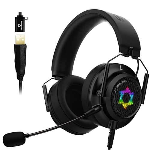 SUNGODCOME ES09 Foldable Gaming Headset,Xbox Headset 7.1 Surround Sound, Gaming Headphones Detachable Noise Cancelling Mic, Memory Foam Ear Muffs, RGB Light, for PC, Meeting, Music, PS4，PS5，Switch
