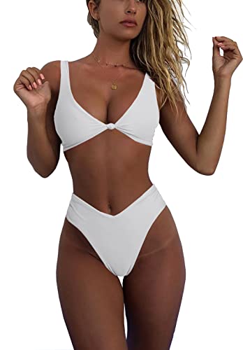 Womens Thong Bikini Swimsuits Set White Solid V Neck Brazilian High Cut Cheeky High Waisted Two Piece Bathing Suit L
