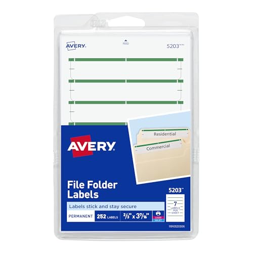 Avery File Folder Labels on 4' x 6' Sheets, Easy Peel, White/Green, Print or Write, 2/3' x 3-7/16', 252 Labels (5203)