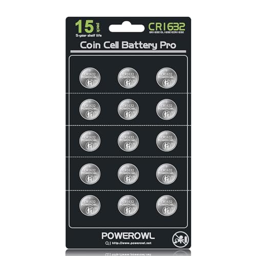 POWEROWL High Capacity CR1632 Battery (15-Pack) CR 1632 3v Lithium Batteries, 10 Years Leak-Free