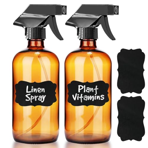 Chef's Star Amber Glass Bottles, Glass Spray Bottles for Cleaning Solutions, Plants, Hair Care, Kitchen, Empty, Reusable Misting Spritzer with 2 Adjustable Spray Settings, 16 Oz, Pack of 2