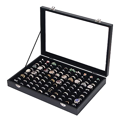 Ausalivan 100 Slots Ring Holder Organizer Box,Jewelry Ring Display Case, Earring Necklace Storage Tray With Top Glass Lid,Black Velvet