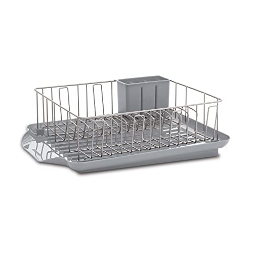 Farberware Classic Large Rust Resistant Full Dishrack with Removable 3 Compartment Flatware Caddy, Andlged Drain Board, 3-Piece, Gray