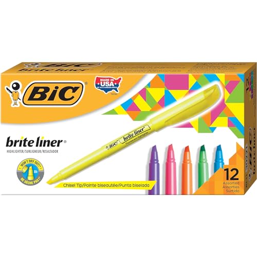BIC Brite Liner Highlighters, Chisel Tip, 12-Count Pack of Highlighters Assorted Colors, Ideal Highlighter Set for Organizing and Coloring