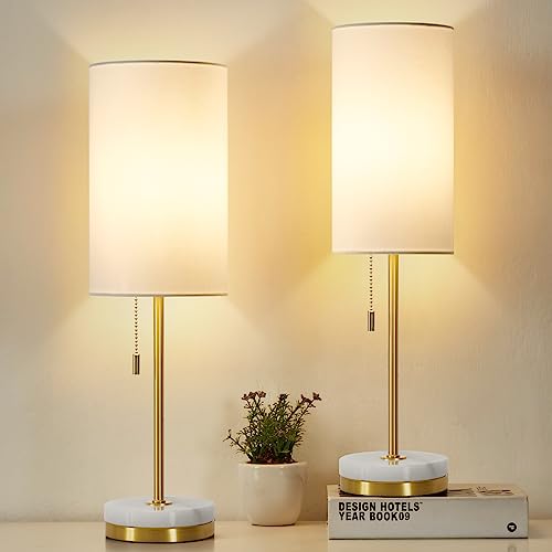 Luvkczc Minimalist Table Lamp Set of 2, Nightstand Lamp for Bedroom Living Room, Modern Pull Chain Bedside Lamp with Marble Base, Fabric Shade, Small Desk Lamp for Home, Office, Reading,Gold