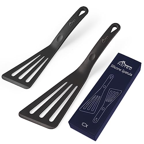 HOTEC Heat Resistant Silicone Slotted Fish Turner Spatula Set, Flipper Cooking Spatulas, for Non Stick Cookware Dishwasher Safe, Black
