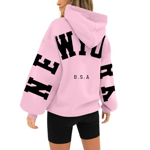 BLUBUKLKUN labor day sales deals New York Hoodies Sweatshirt for Women Long Sleeved Oversized Streetwear Printed Hoodie With Pockets Y2K (Pink, XXL)