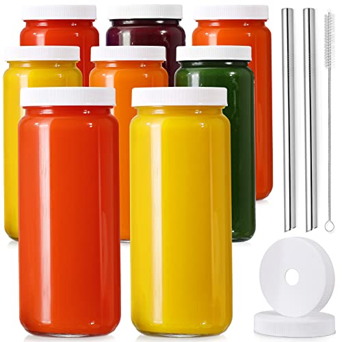 [ 8 Pack ] Glass Juicing Bottles with 2 Straws & 2 Lids w Hole- 16 OZ Travel Drinking Jars, Water Cups with White Airtight Lids, Reusable Tall Mason Jar for Juice, Bubble Tea, Smoothie, Tea, Kombucha