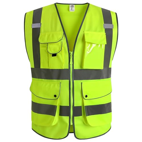 JKSafety 9 Pockets Class 2 High Visibility Zipper Front Safety Vest With Reflective Strips,Meets ANSI/ISEA Standard (Large, 150-Yellow)