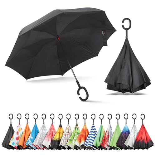 Sharpty Inverted Umbrella for Women - Windproof & Reverse - Easy to Open and Close - Upside Down & C-Shaped Handle - Rain & Wind Resistant - For Travel - Black