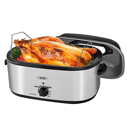 Sunvivi 26 Quart Electric Roaster Oven Turkey Roaster with Lid Electric Roasters with Removable Pan Large Roaster, Visible & Self-basting Lid, Fast Heating & Thaw/warming Setting, Silver