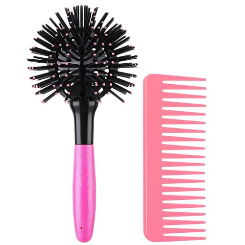 3D Bomb Curl Hair Brush 360° Round Styling Hair Brush Detangling Hairbrush Spherical Ball Brush Salon Round Hair Curling Curler and Wide Tooth Comb for Curly/Long/Wet/Dry Hair