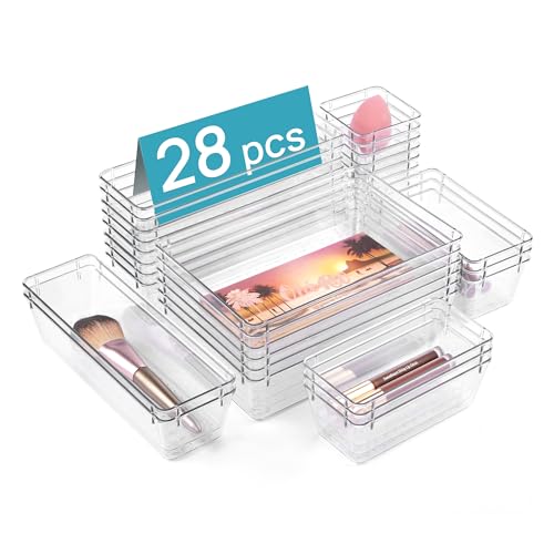 Vtopmart 28 PCS Clear Plastic Drawer Organizers Set, 4-Size Bathroom and Vanity Drawer Organizer Trays, Acrylic Storage Bins for Makeup, Cosmetic, Kitchen Utensils, Tool Organizer for Gadgets