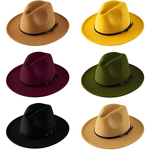 6 Pcs Squash Hats for Women Felt Panama Hat Wide Brim Squash Hat with Belt Buckle Floppy Hats Vintage Decoration Dress Hat (Elegant Colors, Retro Style)