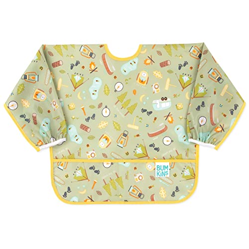 Bumkins Sleeved Bib for Girl or Boy, Baby and Toddler for 6-24 Mos, Essential Must Have for Eating, Feeding, Baby Led Weaning, Long Sleeve Mess Saving Food Catcher, Soft Fabric, Camp Gear Green