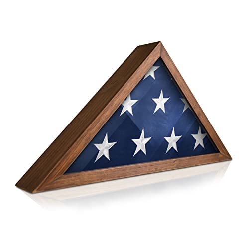 HBCY Creations Flag Display Case for 5' x 9.5' American Veteran Burial Solid Wood Rustic Brown Frame with Glass Front Wall Mount or Standing Display, Box