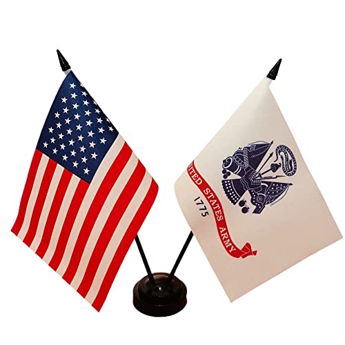 America & Army Gold Crest Twin Desk Flag, U.S. Army and American Table Flag, 8 x 5 Inches Military Office Desk Table Flags - Stick Flag with Flag Stand