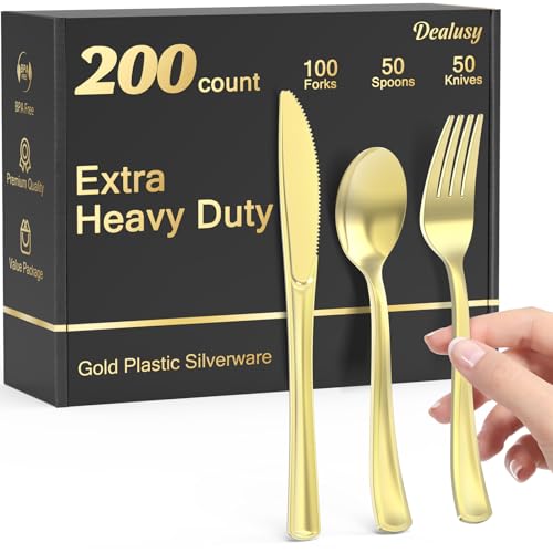 200 Count Heavy Duty Gold Plastic Silverware, 100 Forks, 50 Spoons, 50 Knives, BPA-Free, Heat Resistant, Disposable Gold Plastic Utensils Set, Gold Plastic Cutlery Set, Plasticware Bulk for Party