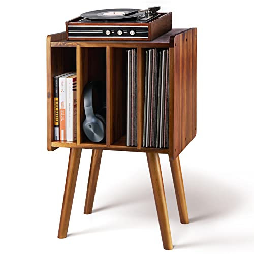 2BHOME Wooden LP Record Player Stand with 4 Cabinets, Holds up to 100 Vinyls, Metal Record Storage Holder and Organizer Table, Classical Design for Files/Book (Mid-Century Modern)
