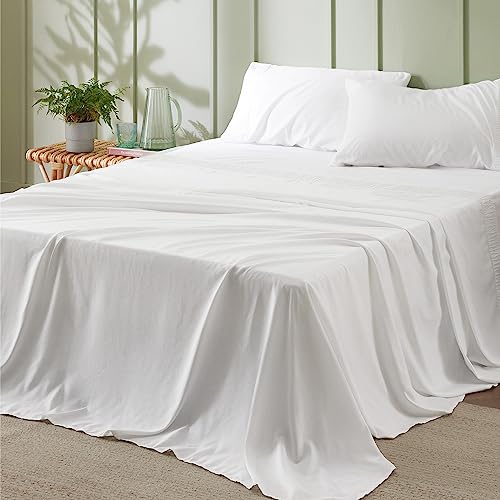 Bedsure Queen Sheets White - Soft Sheets for Queen Size Bed, 4 Pieces Hotel Luxury White Sheets Queen, Easy Care Polyester Microfiber Cooling Bed Sheet Set