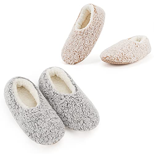 Cozylook 2-pair Women's Soft Sole Slipper Socks with Grippers, Thick Warm Cozy Sherpa Lined Home Socks Set, Cable Knitted Non-slip Fluffy Winter House Bedroom Slippers GRAY+TAUPE L 9-10