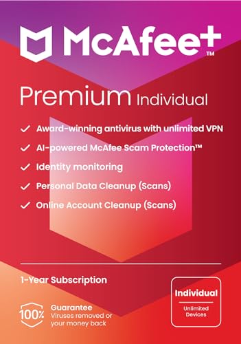 McAfee+ Premium Individual Plan, 2024 Ready| Unlimited Devices | Identity and Privacy Protection Software includes Unlimited Secure VPN, Identity Monitoring, Password Manager and Antivirus | Key Card