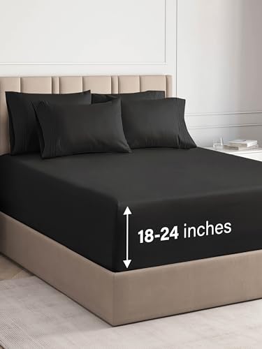 Extra Deep King Sheet Set - 6 Piece Breathable & Cooling Sheets - Hotel Luxury Bed Sheets Set - Easy & Secure Fit - Soft, Wrinkle Free & Comfy Sheets Set - Black Sheet Set w/Extra Deep Pockets