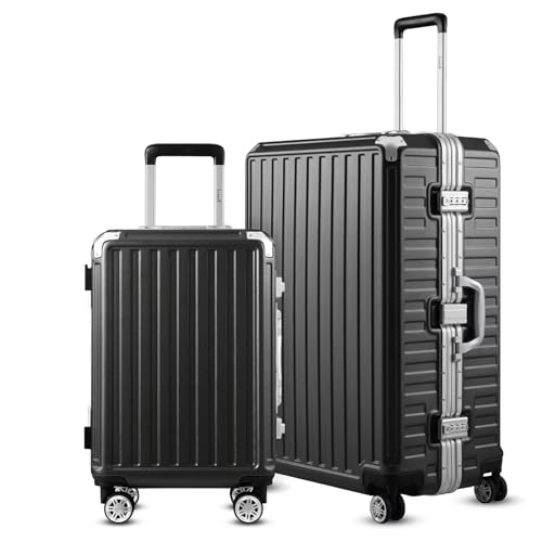 LUGGEX Luggage Sets 2 Piece with Aluminum Frame, Polycarbonate Zipperless Carry On and 28 inch Checked Luggage Set, Black Hard Shell Suitcase 4 Metal Corner