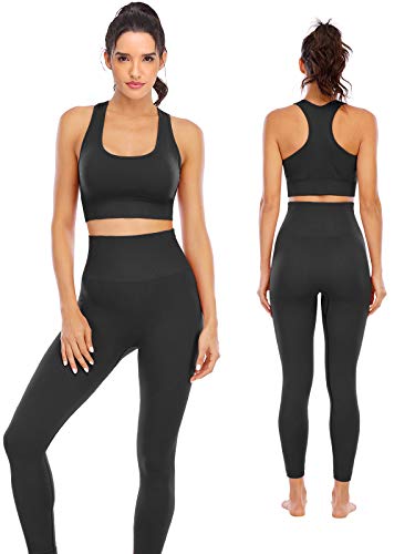 NOVA ACTIVE Workout Sets for Women 2 Piece High Waisted Seamless Leggings with Padded Stretchy Sports Bra Sets Yoga Outfit Jogging Gym Clothes(NA007L- Black)