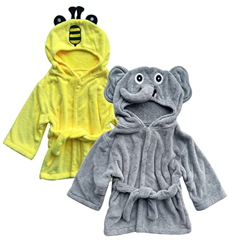 Sunny zzzZZ 2 Pack Unisex Baby Plush Animal Face Robe for 0-9 Months - Neutral Design Newborn Clothes for Boys and Girls - Baby Essentials Registry Search Gifts - Cute Bee and Happy Elephant