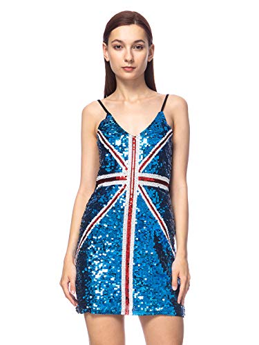 Anna-Kaci Women's Spaghetti Strap UK Flag British Ginger Power Costume Shine Sequin Dress United Kingdom Great Britain Union Jack, Blue, Small