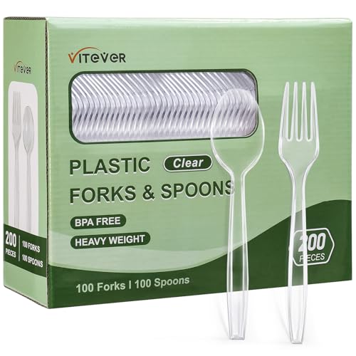 [200 Count] Disposable Plastic Silverware, Heavy Duty Plastic Forks and Spoons Set, Includes 100 Plastic Forks and 100 Plastic Spoons for Party - Clear