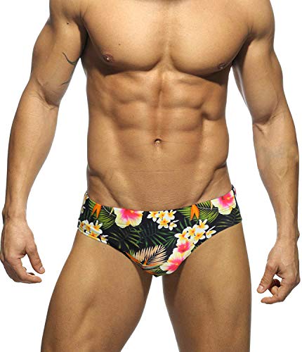 MIZOK Men's Floral Swimsuits Bikini Briefs with Adjustable Drawstring (L, FlowerBlack)